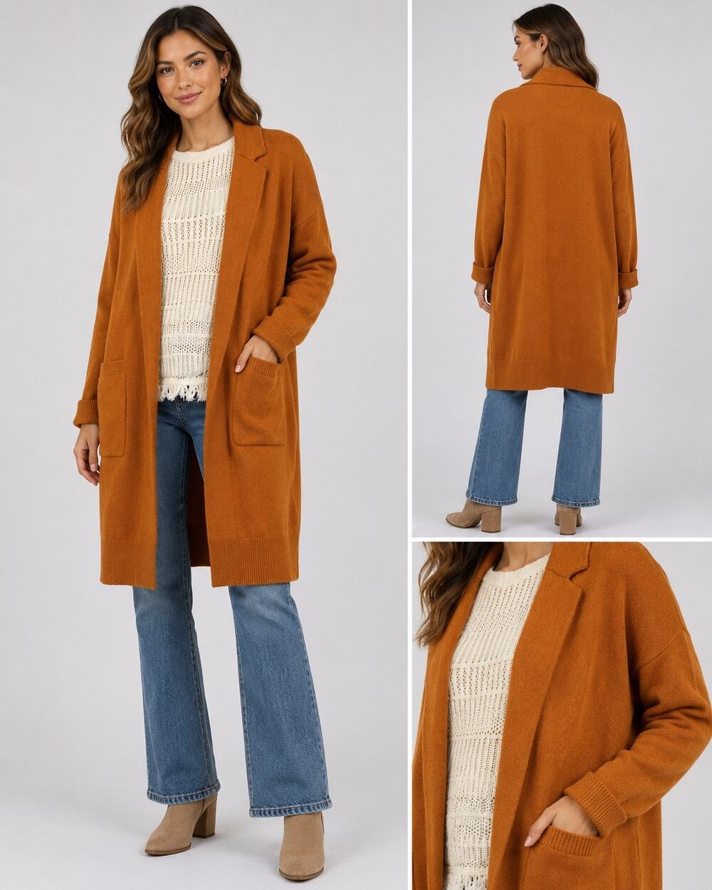 ModCloth Women’s L Burnt Orange Longline Duster Cardigan Open Front Pockets